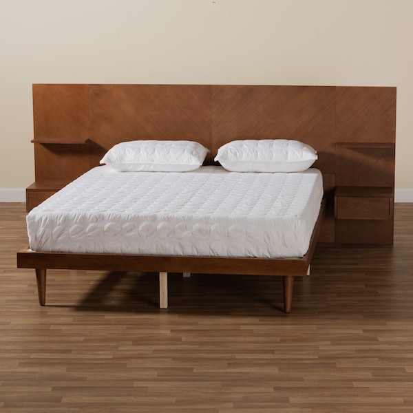 Baxton Studio Graham Mid-Century Ash Walnut Finished Wood Queen Size Platform Bed with Built-In Nightstands - 226-12893-ZORO
