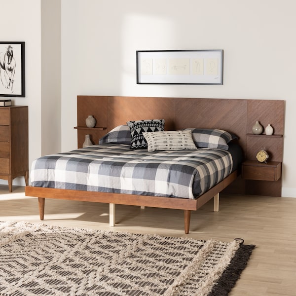 Baxton Studio Graham Mid-Century Ash Walnut Finished Wood Queen Size Platform Bed with Built-In Nightstands - 226-12893-ZORO