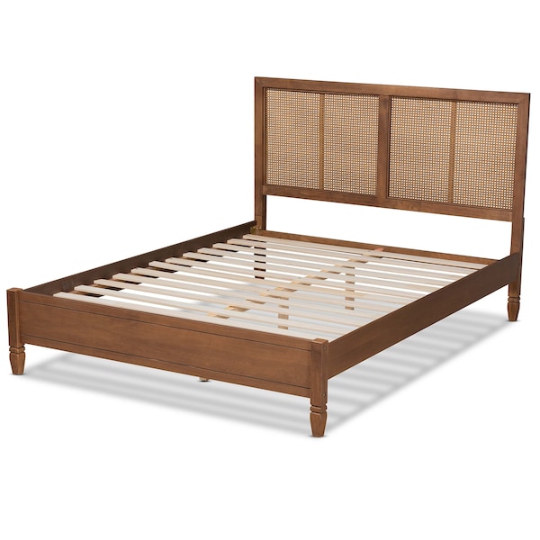 Baxton Studio Redmond Mid-Century Modern Walnut Brown Finished Wood and Synthetic Rattan King Size Platform Bed - 183-11059-ZORO