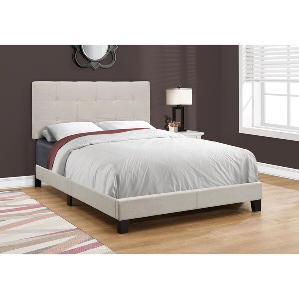 Homeroots 45.75 in. Beige & Black Solid Wood, MDF, Foam & Linen Full Size Bed - 333287