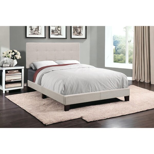 Homeroots 45.75 in. Beige & Black Solid Wood, MDF, Foam & Linen Full Size Bed - 333287
