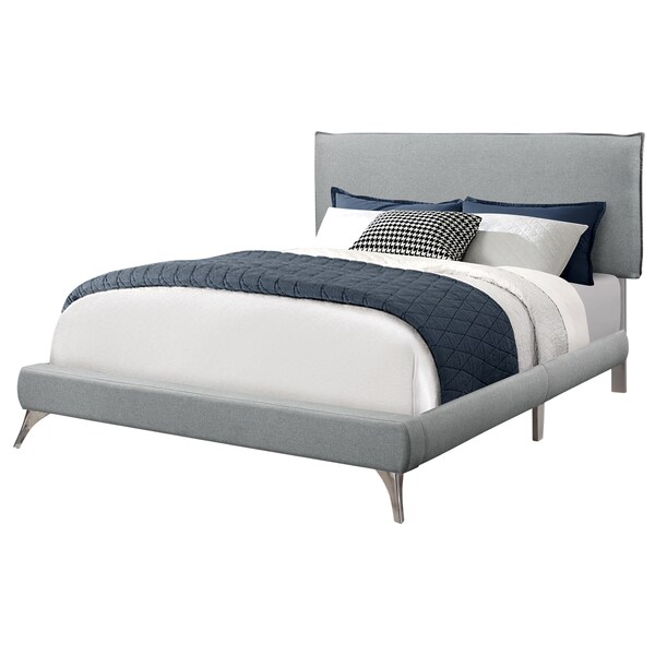Monarch Specialties Bed, Queen Size, Platform, Bedroom, Frame, Upholstered, Linen Look, Metal Legs, Grey, Chrome - I 5950Q