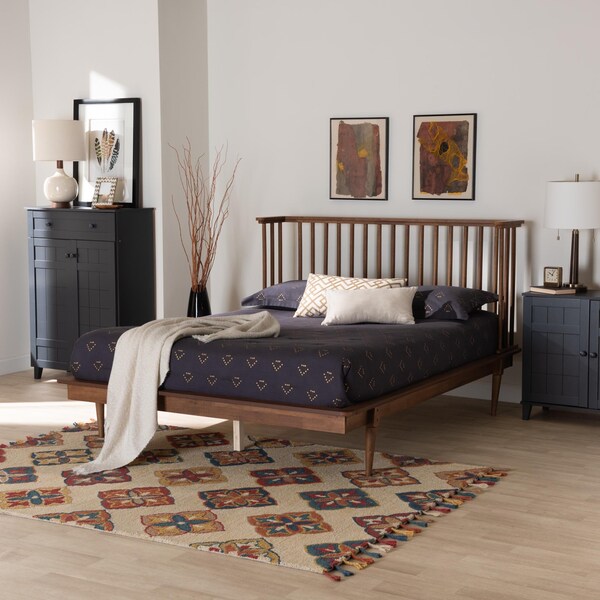 Baxton Studio Flint Mid-Century Modern Ash Walnut Finished Wood Queen Size Platform Bed - 236-12782-ZORO