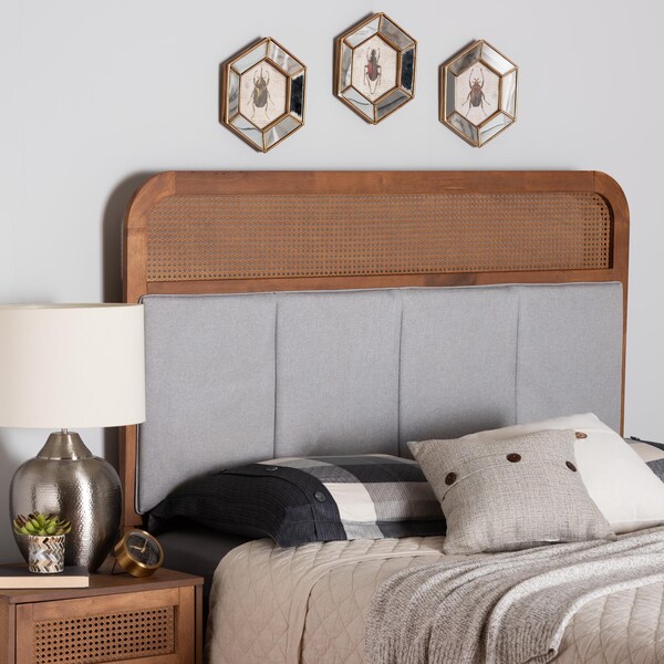 Baxton Studio Esti Mid-Century Modern Fabric and Wood King Size Headboard with Rattan - 238-12884-ZORO