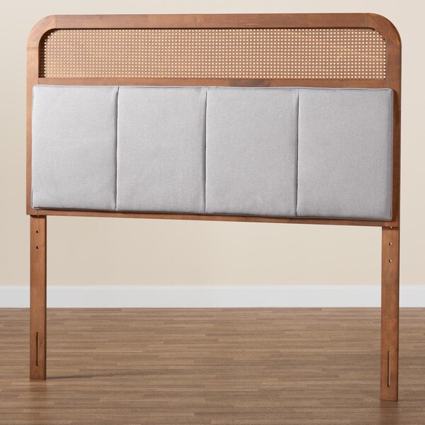 Baxton Studio Esti Mid-Century Modern Fabric and Wood King Size Headboard with Rattan - 238-12884-ZORO