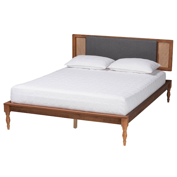 Baxton Studio Eliseo Mid-Century Modern Dark Grey Fabric and Walnut Brown Finished Wood Full Size Platform Bed - 239-12635-9818-ZORO