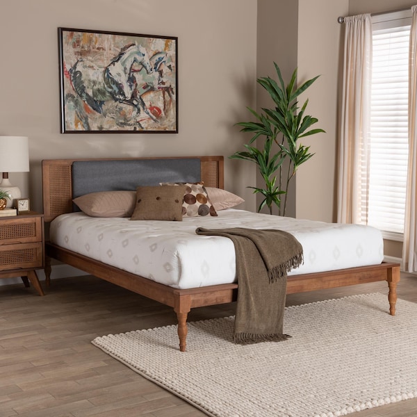 Baxton Studio Eliseo Mid-Century Modern Dark Grey Fabric and Walnut Brown Finished Wood Full Size Platform Bed - 239-12635-9818-ZORO
