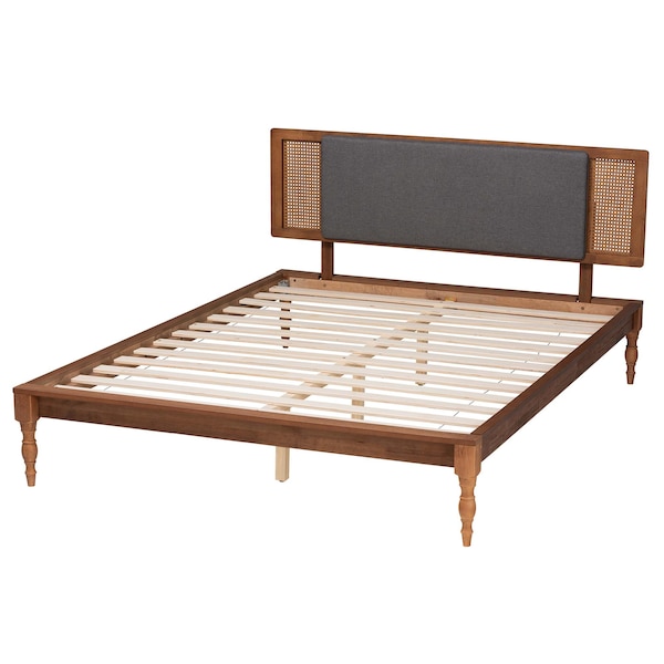 Baxton Studio Eliseo Mid-Century Modern Dark Grey Fabric and Walnut Brown Finished Wood Full Size Platform Bed - 239-12635-9818-ZORO