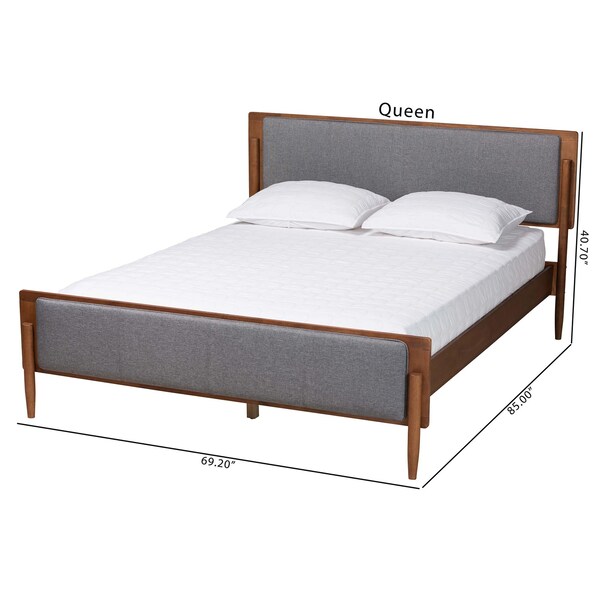 Baxton Studio Powers Mid-Century Modern Grey Fabric and Ash Walnut Finished Wood Queen Size Platform Bed - 236-12779-ZORO