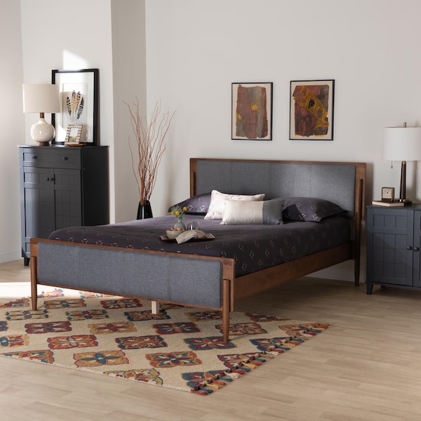 Baxton Studio Powers Mid-Century Modern Grey Fabric and Ash Walnut Finished Wood Queen Size Platform Bed - 236-12779-ZORO