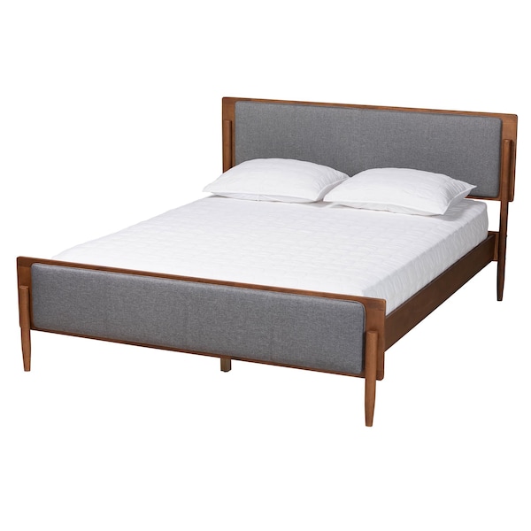 Baxton Studio Powers Mid-Century Modern Grey Fabric and Ash Walnut Finished Wood Queen Size Platform Bed - 236-12779-ZORO