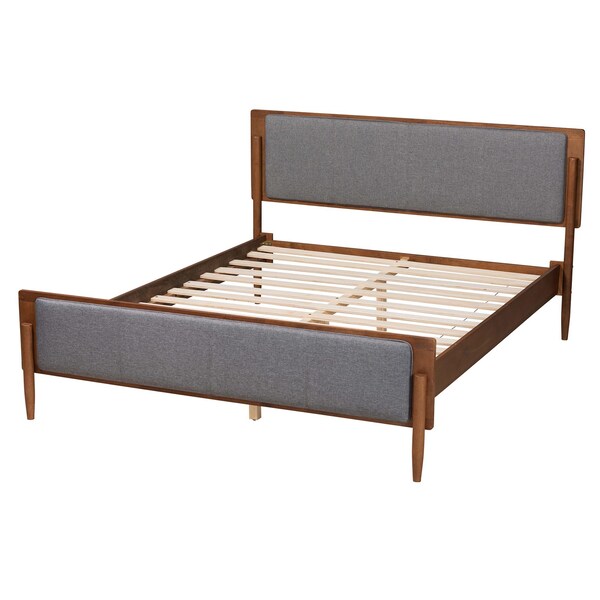 Baxton Studio Powers Mid-Century Modern Grey Fabric and Ash Walnut Finished Wood King Size Platform Bed - 236-12780-ZORO