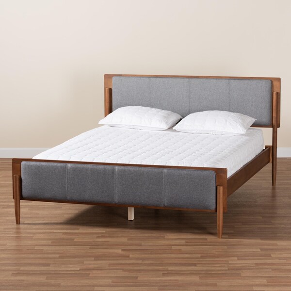 Baxton Studio Powers Mid-Century Modern Grey Fabric and Ash Walnut Finished Wood King Size Platform Bed - 236-12780-ZORO