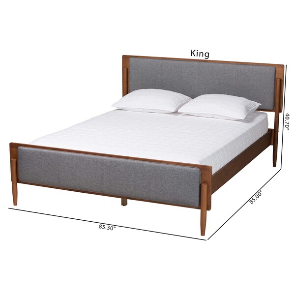 Baxton Studio Powers Mid-Century Modern Grey Fabric and Ash Walnut Finished Wood King Size Platform Bed - 236-12780-ZORO