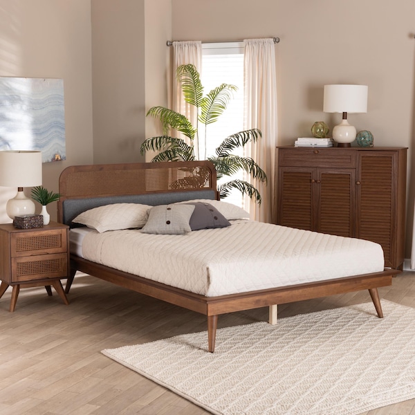 Baxton Studio Irina Mid-Century Modern Grey Fabric and Ash Walnut Finished Wood King Size Platform Bed - 235-12776-ZORO