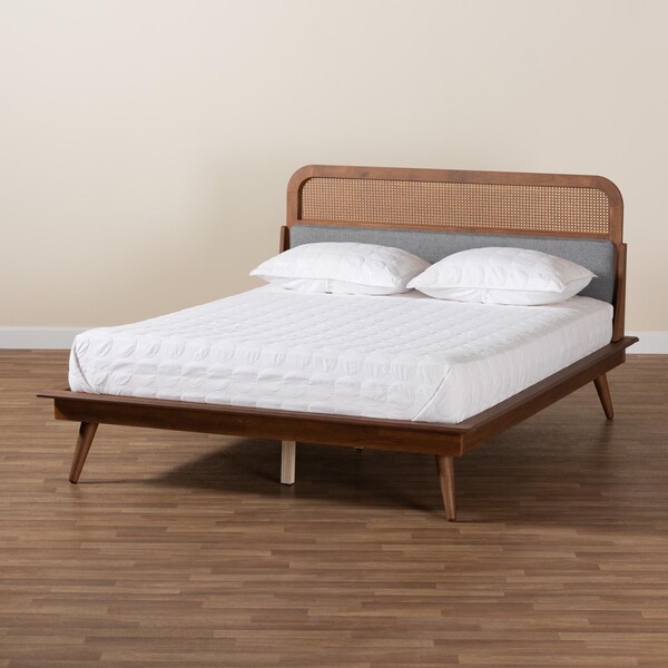Baxton Studio Irina Mid-Century Modern Grey Fabric and Ash Walnut Finished Wood King Size Platform Bed - 235-12776-ZORO