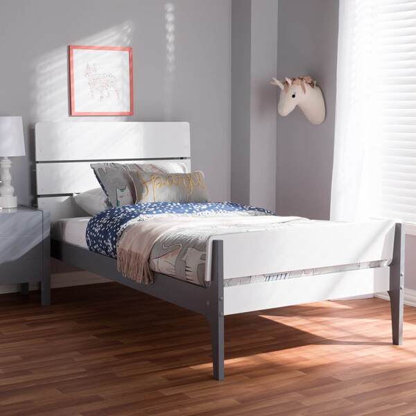 Baxton Studio Nereida Modern White and Dark Grey-Finished Wood Twin Platform Bed - 143-7869