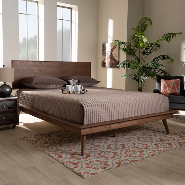 Baxton Studio Karine Mid-Century Walnut Brown Finished Wood Full Size Platform Bed - 156-9800-9801