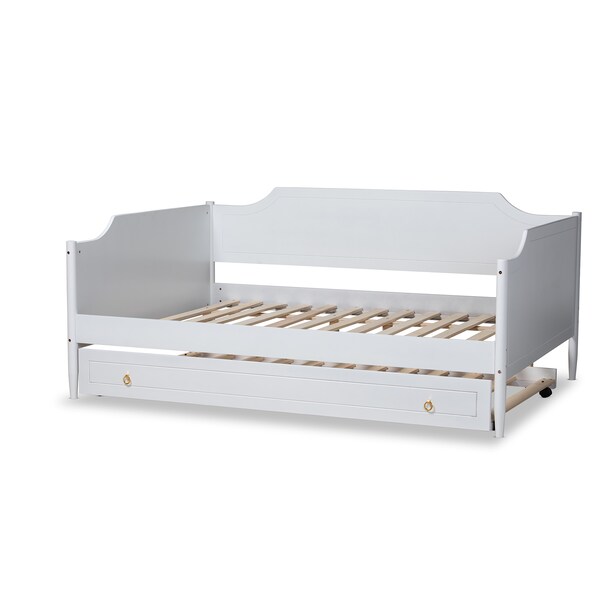 Baxton Studio Alya Classic Traditional Farmhouse White Finished Wood Full Size Daybed with Roll-Out Trundle Bed - 182-11172-10831-ZORO
