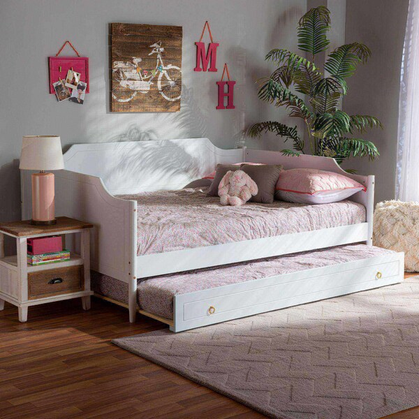 Baxton Studio Alya Classic Traditional Farmhouse White Finished Wood Full Size Daybed with Roll-Out Trundle Bed - 182-11172-10831-ZORO