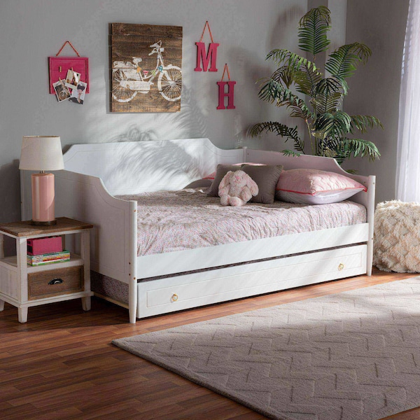 Baxton Studio Alya Classic Traditional Farmhouse White Finished Wood Full Size Daybed with Roll-Out Trundle Bed - 182-11172-10831-ZORO