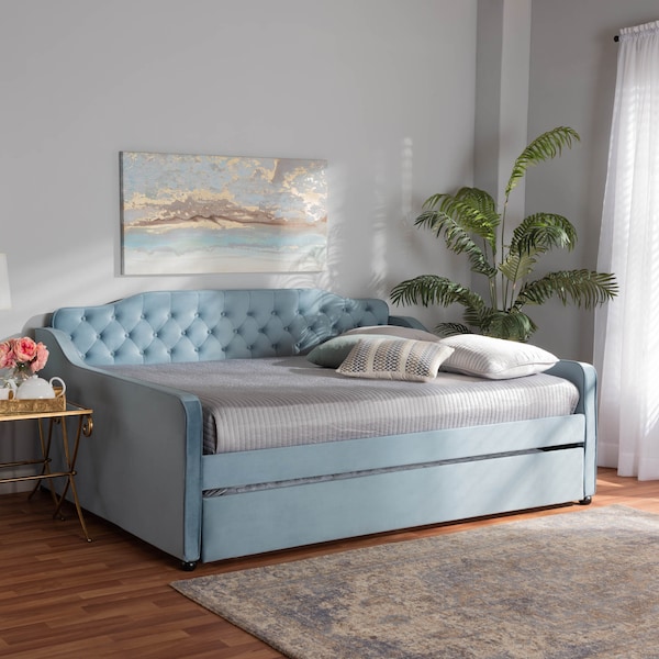 Baxton Studio Freda Blue Velvet and Button Tufted Queen Size Daybed with Trundle - 164-10410