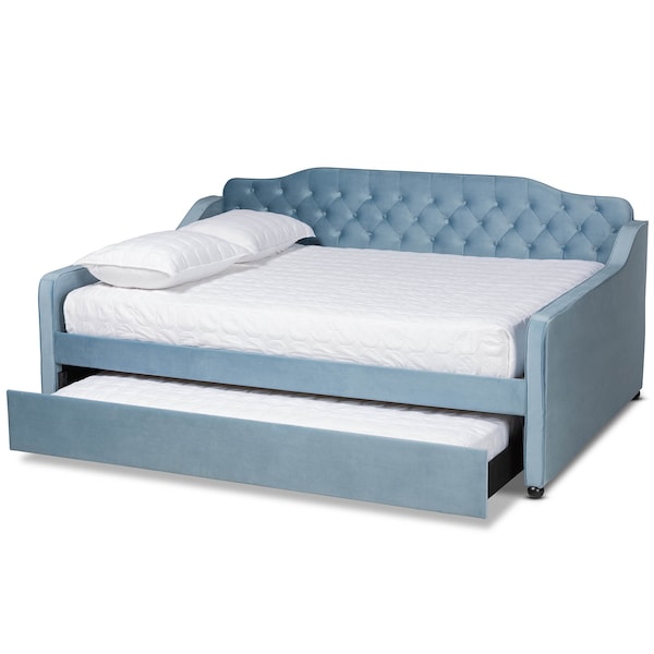 Baxton Studio Freda Blue Velvet and Button Tufted Queen Size Daybed with Trundle - 164-10410
