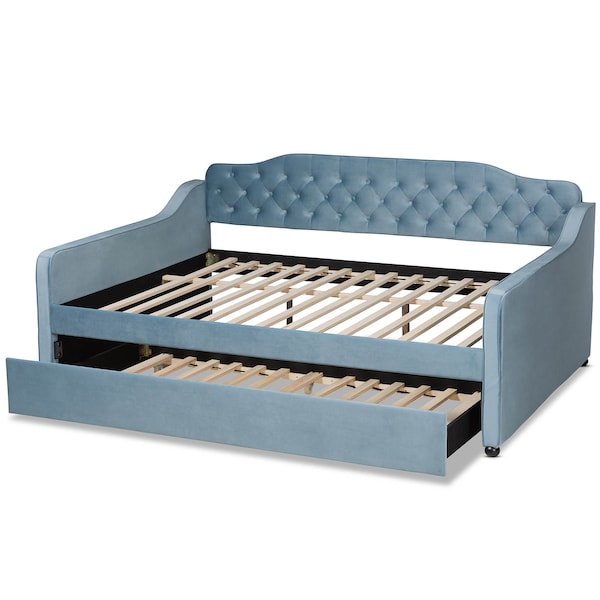 Baxton Studio Freda Blue Velvet and Button Tufted Queen Size Daybed with Trundle - 164-10410