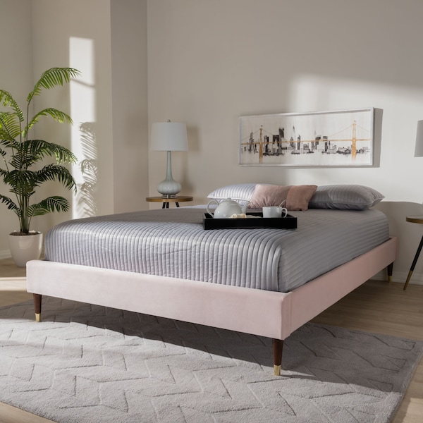 Baxton Studio Volden Pink Velvet Upholstered Full Size Wood Platform Bed Frame - 155-9468