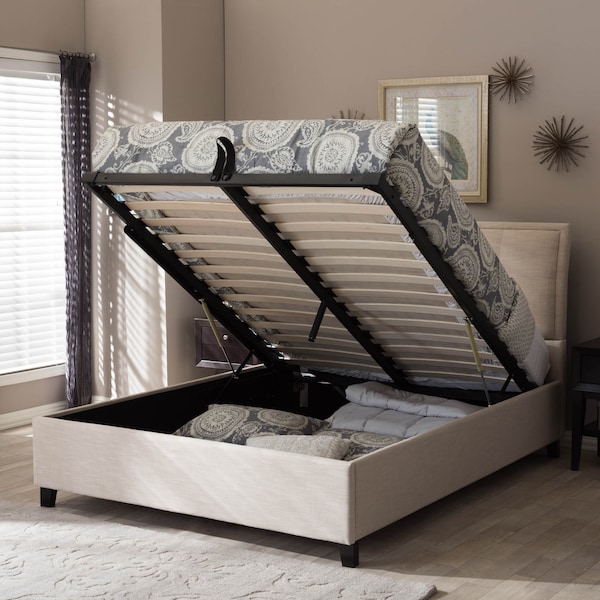 Baxton Studio Lea Modern Beige Mix-Linen Queen Size Storage Platform Bed - 125-7019
