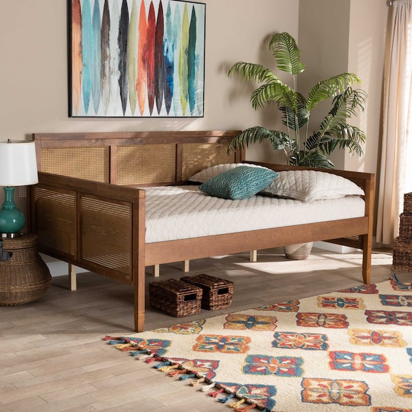 Baxton Studio Toveli Vintage French Inspired Ash Walnut Finished Wood and Synthetic Rattan Full Size Daybed - 189-11175-ZORO