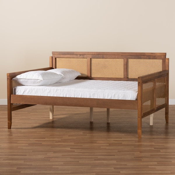 Baxton Studio Toveli Vintage French Inspired Ash Walnut Finished Wood and Synthetic Rattan Full Size Daybed - 189-11175-ZORO
