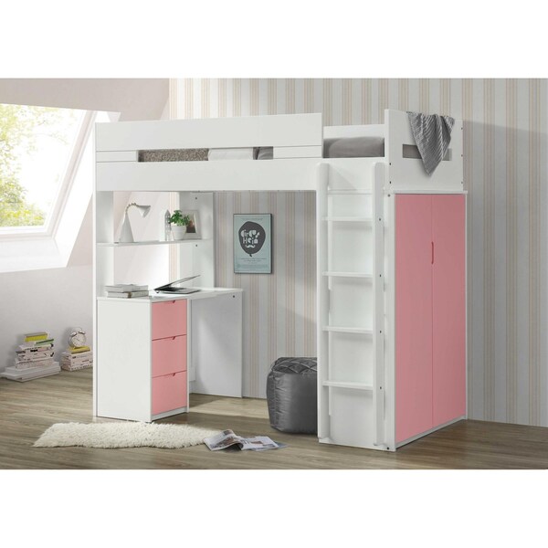 Homeroots 78 x 41 x 70 in. White & Pink Laminated Veneer Lumber Loft Bed - 318773