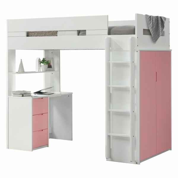 Homeroots 78 x 41 x 70 in. White & Pink Laminated Veneer Lumber Loft Bed - 318773