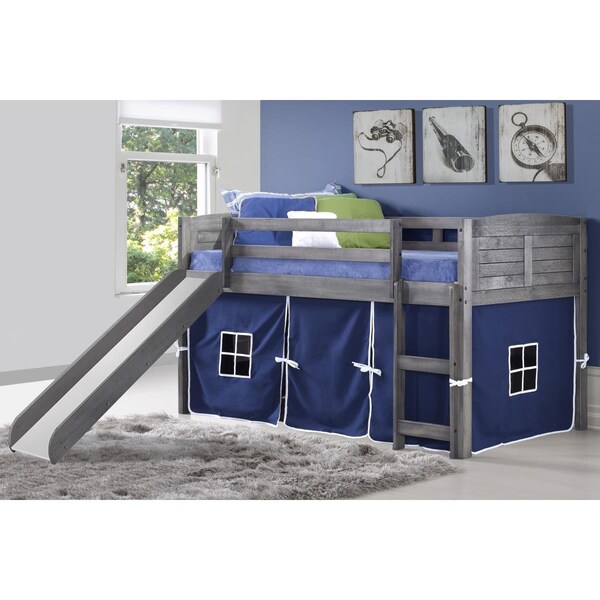 Kd Gabinetes PD-790AAG-B-785AG Twin Size Louver Low Loft with Slide & Blue Tent in Antique Grey - KD2641009