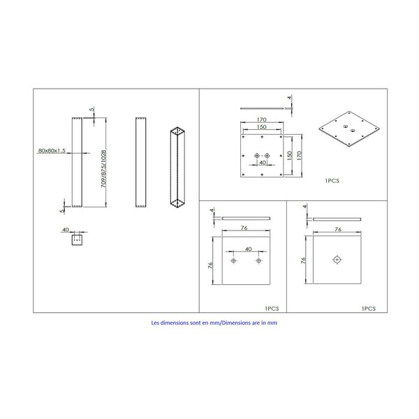 Richelieu 40-inch (1010 mm) Square Leg with Levelling Glide, Stainless Steel - 780140170