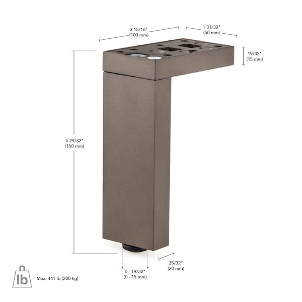 Richelieu Adjustable Contemporary Versatile T or L Shaped Furniture Leg, 5 29/32 in (150 mm), Aluminum - 205150010