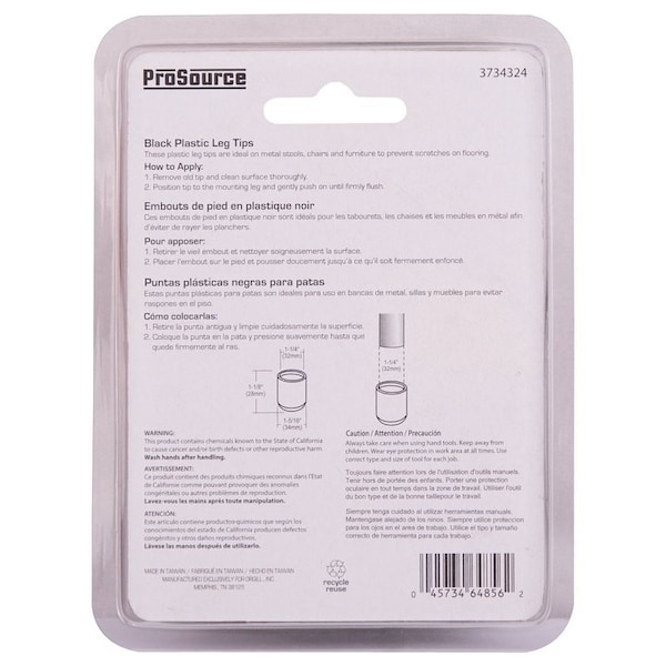 Prosource Furniture Leg Tip, Round, Plastic, Black, 1-1/4 in Dia, 1-1/8 in H - FE-50606-PS