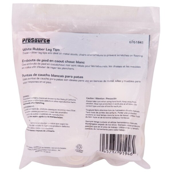Prosource Furniture Leg Tip, Round, Rubber, White, 7/8 in Dia, 1.4 in H - FE-50644-B