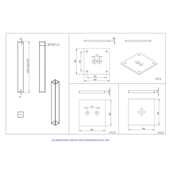 Richelieu 8-inch (203 mm) Square Leg with Levelling Glide, Stainless Steel - 75018170