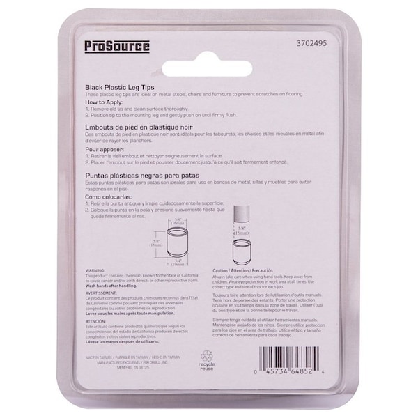 Prosource Furniture Leg Tip, Round, Plastic, Black, 5/8 in Dia, 5/8 in H - FE-50602-PS