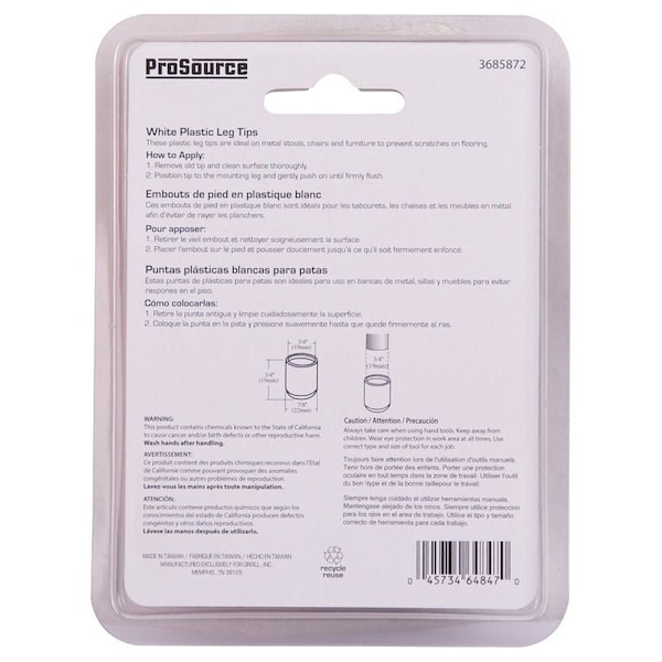 Prosource Furniture Leg Tip, Round, Plastic, White, 3/4 in Dia, 3/4 in H - FE-50613-PS