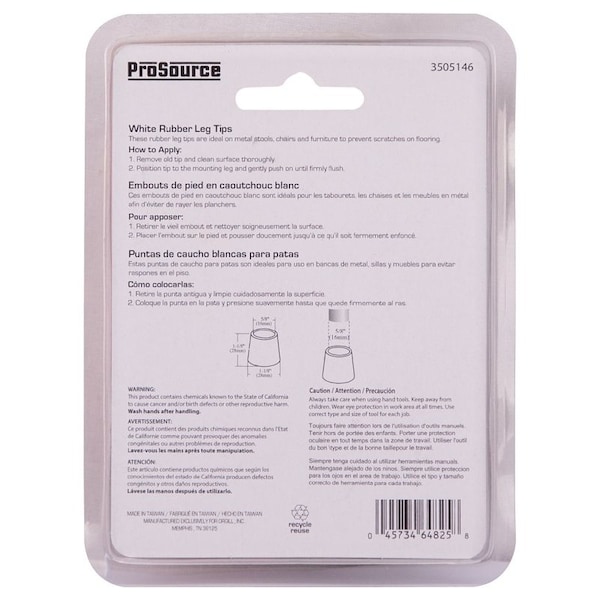 Prosource Furniture Leg Tip, Round, Rubber, White, 5/8 in Dia, 1-1/8 in H - FE-50642-PS