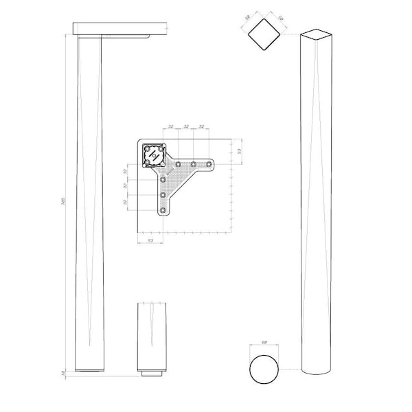Richelieu Quadratonda Design Table Leg, 27 3/4 in (705 mm), Black, Adjustable - 618705090