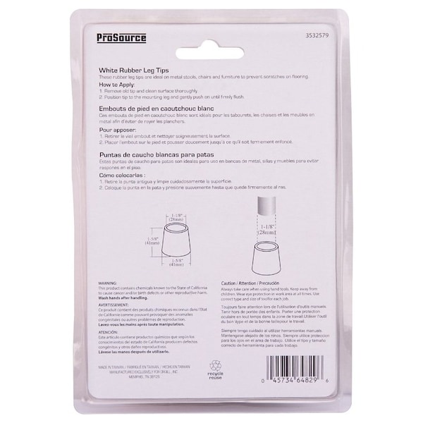Prosource Furniture Leg Tip, Round, Rubber, White, 1-1/8 in Dia, 1-5/8 in H - FE-50646-PS