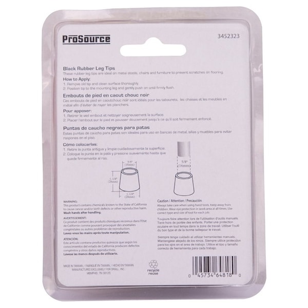 Prosource Furniture Leg Tip, Round, Rubber, Black, 5/8 in Dia, 1-1/8 in H - FE-50633-PS