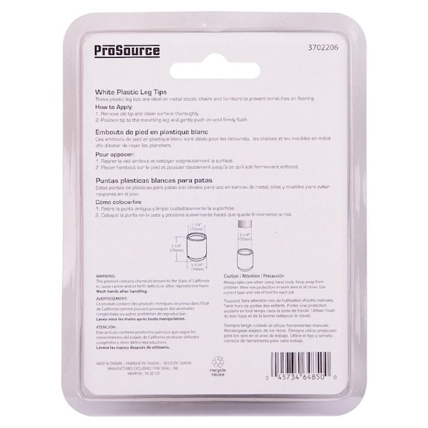 Prosource Furniture Leg Tip, Round, Plastic, White, 1-1/4 in Dia, 1-1/8 in H - FE-50616-PS