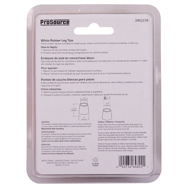 Prosource Furniture Leg Tip, Round, Rubber, White, 1/2 in Dia, 1-1/8 in H - FE-50641-PS
