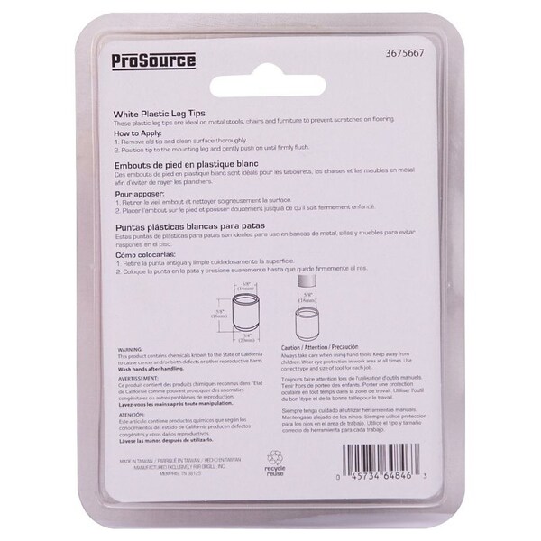 Prosource Furniture Leg Tip, Round, Plastic, White, 5/8 in Dia, 5/8 in H - FE-50612-PS