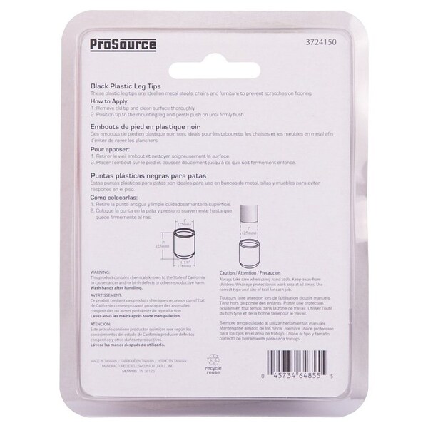 Prosource Furniture Leg Tip, Round, Plastic, Black, 1 in Dia, 1 in H - FE-50605-PS
